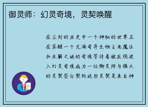御灵师：幻灵奇境，灵契唤醒