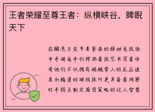 王者荣耀至尊王者：纵横峡谷，睥睨天下